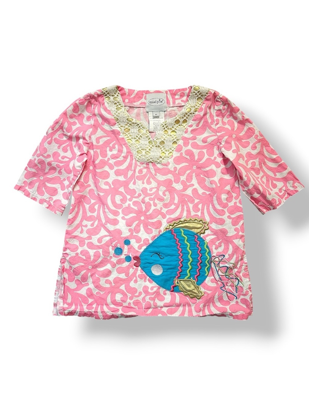 Mud Pie | Pink and White Fish Appliqué Swim Coverup (4T)